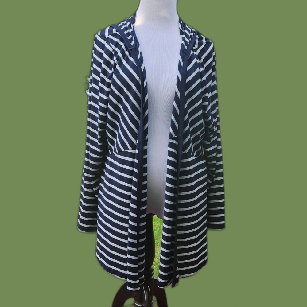 Blue and white striped open front knit cardigan wrap jacket 2X